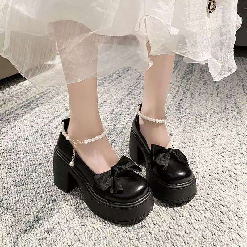 Mary Jane Shoes Women's Spring 2025 New Fashion High Heel Bow Platform Heel Pearl with Skirt Small Leather Shoes