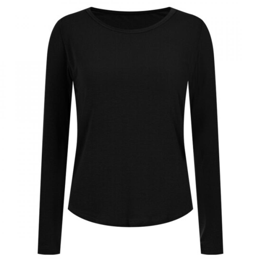 Shop Women Spandex Silky Long Sleeve Round Neck Plain T shirT Black Dai Wsh 20
