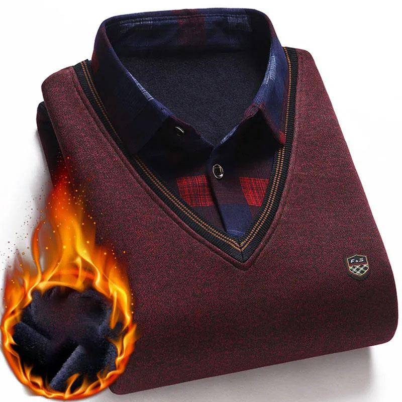 Мужской осенний повседневный свитер из двух частей с воротником-рубашкой из утолщенного бархата