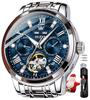 OLEVS Mechanical Automatic Manual Perpetual Calendar Skeleton Metal Band Retro Stylish Watch Luminous Waterproof Watch for Men Blue Men's & Men's