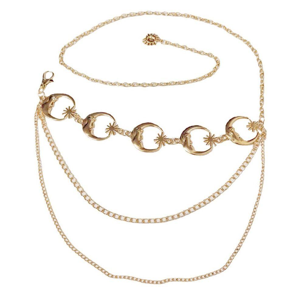 Ladies Metal Vintage Womans Layered Belt Moon Star Waistband Dress Cummerbands Punk Waist Chain