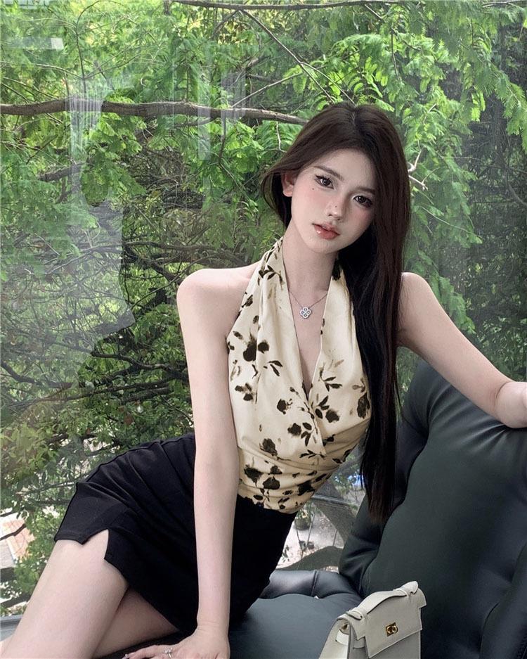 Summer wear French floral satin sling vest female chic pure desire hot girl sexy neck tube top