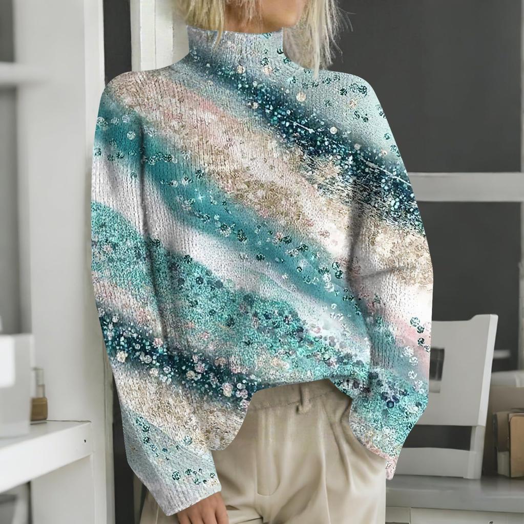 Женская мода повседневная с длинным рукавом и принтом, с высоким воротом, шерстяной трикотаж