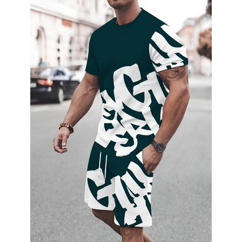 Мужской повседневный комплект одежды с 3D-принтом, удобная футболка из полиэстера и шорты на шнурке с геометрическим узором, идеально подходит для любого сезона