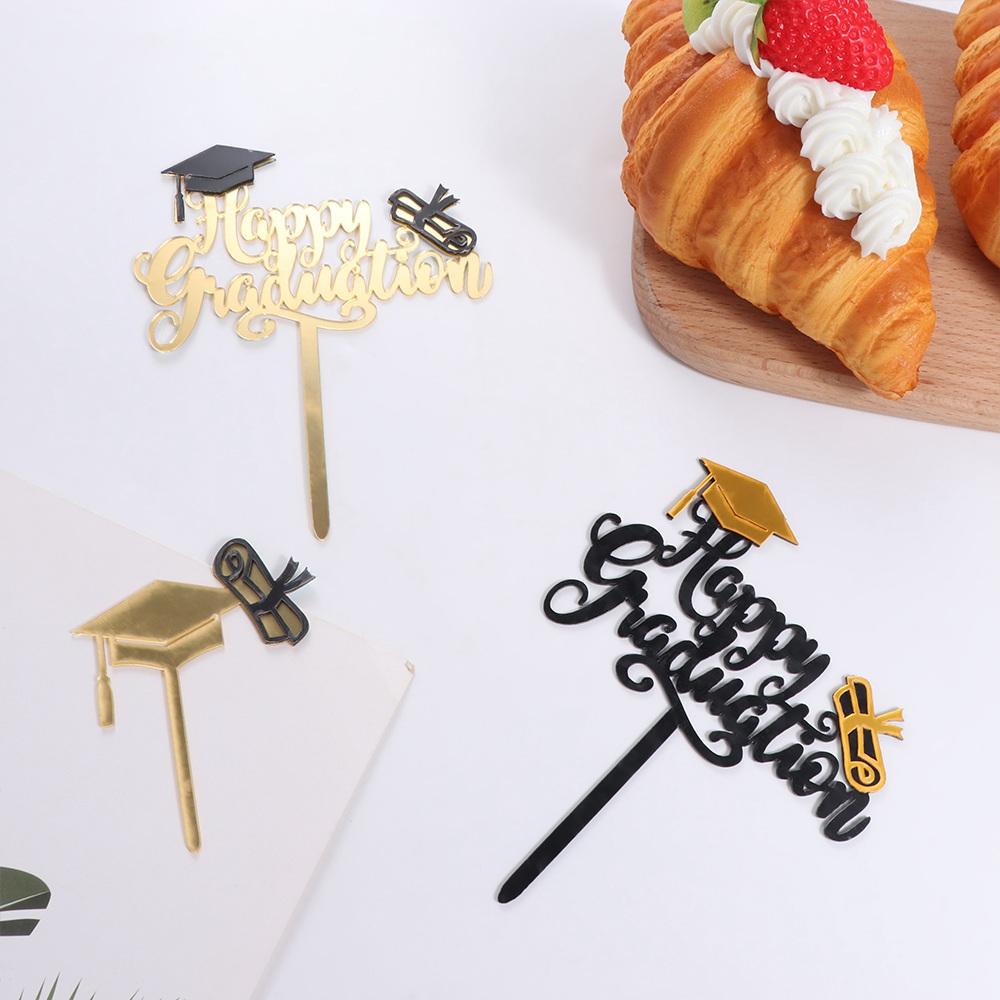Acrylic Congrats Cake Topper Black Gold Bachelor Hat Cap Cake Decoration Graduation Party