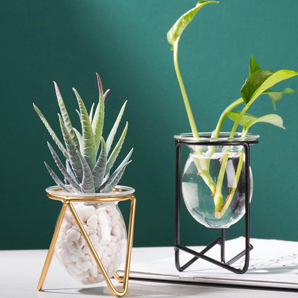 Ornament Plants Frame Hydroponic Vase Terrarium Metal Holder Glass Planter Iron Geometric Pattern