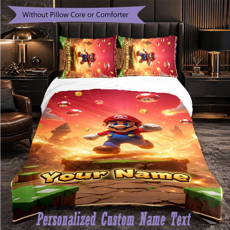 Personalized 3Pcs Bedding SetSuper Mario Custom Text Duvet Cover Pillowcase Set Bedroom Gift