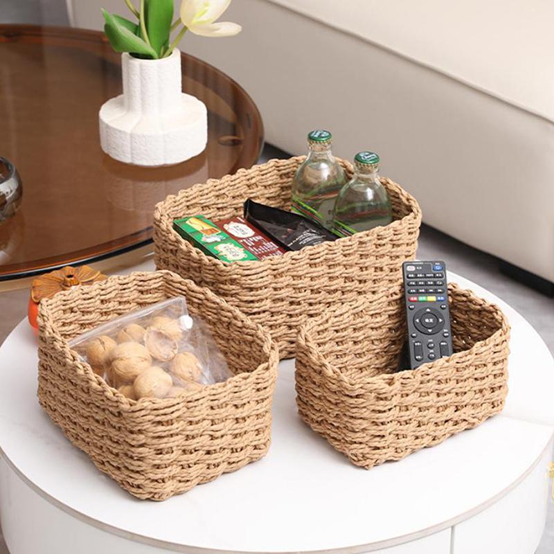 3 шт. Плетеные вручную соломенные мягкие круглые корзины для хранения из бумажной веревки для организации, декоративные контейнеры для хранения, офисная коробка для хранения
