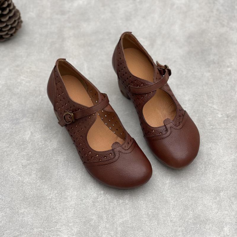 Johnature Винтажные босоножки ручной работы из натуральной кожи на высоком каблуке с выемками, дышащие женские туфли