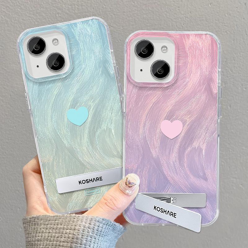 Applicable To Apple 15 Feather Yarn Mobile Phone Case Summer Iphone14pro Smudge Blue Love Invisible Bracket 13