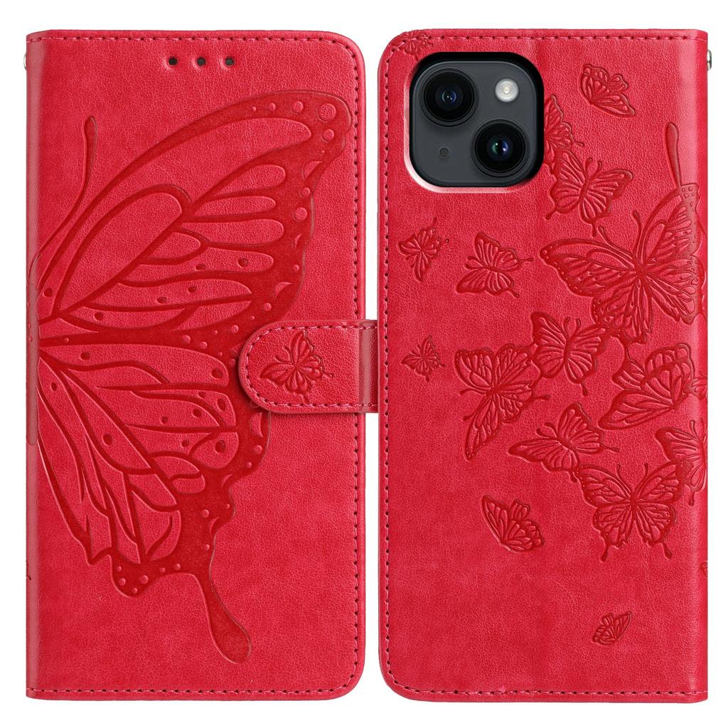 For iPhone 14 Case Butterfly Imprinted Wallet Stand PU Leather Flip Phone Cover with Strap
