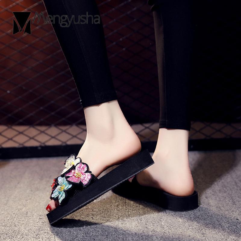 Fashion Colorful Floral Beach Slippers Woman Platform Sandalias Cozy Slip On Shoes Woman Flipflops Mujer Bling Size 35-42 Slides