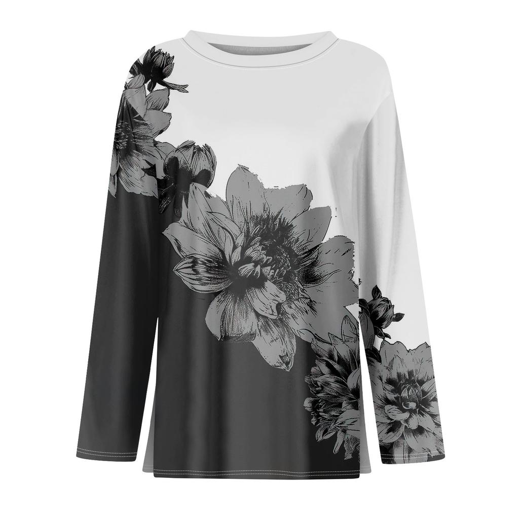 Women's Fashion Casual Slit Hem Round Neck Long Sleeve Loose  Printed T-Shirt Ladies Top