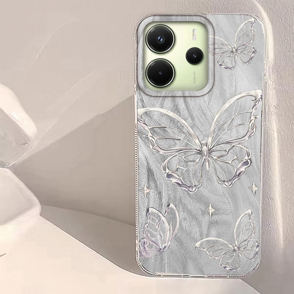 Laser Silver Butterfly Women Girls Phone Case for Xiaomi Redmi Note 14 13 12 11 11S 10 9 8 Pro 9C 13C 14C A5 A3 A4 A3X A1 Cover