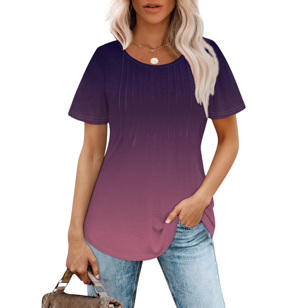 Women's Fashionable Casual Pleated Round Neck Gradient Printed Short Sleeved T-shirt Top