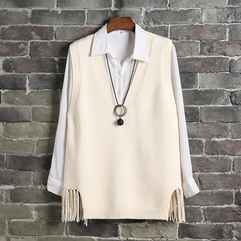 Sweater Vest Women Y2k Hem Fringed Crop Knit Vest Women Vintage Top Loose Pullover Jumper V-neck Solid Waistcoat Spring Autumn