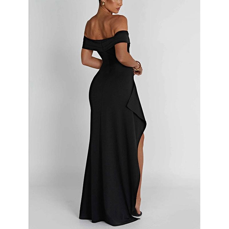 Elegant Strapless Casual Sexy Party Dress Women Fashion Slit Off Shoulder Black Long Dresses Women Summer High Waist Slim A Line Backless Dress 25748