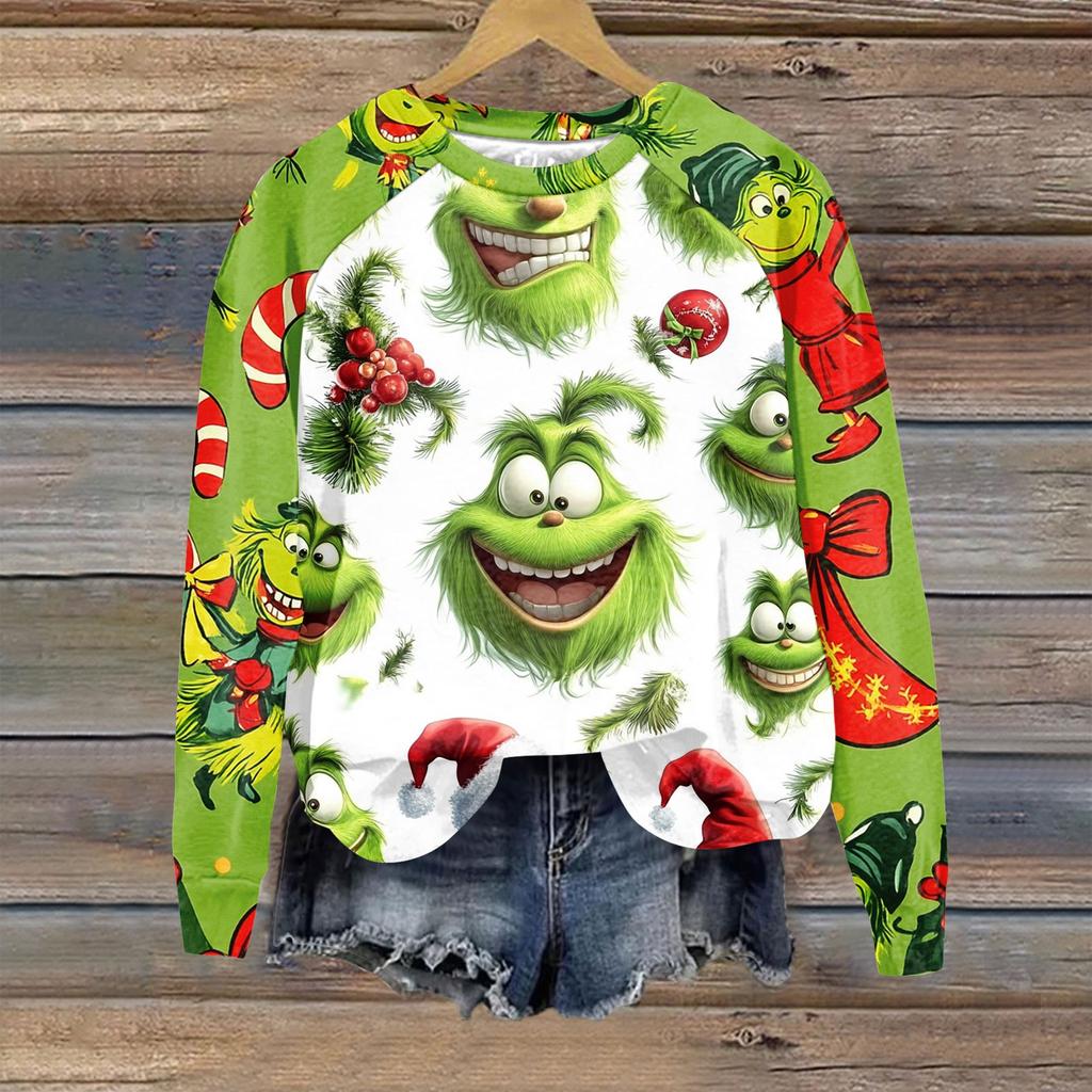 Women's Fashion Casual Long Sleeve Christmas Print Raglan Round Neck Sweatshirt Top