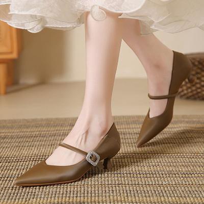 Новые женские туфли на высоком каблуке, модные туфли Мэри Джейн со стразами, пряжки, кожаные туфли-лодочки, сексуальные туфли на шпильках с острым носком, женские туфли