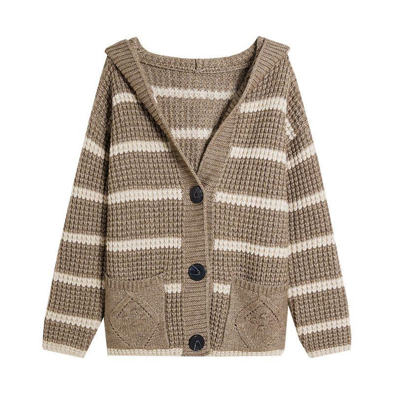Ретро мода полосатый капюшон короткий свитер куртка женская осень и зима новый свободный вязаный кардиган внешний топ