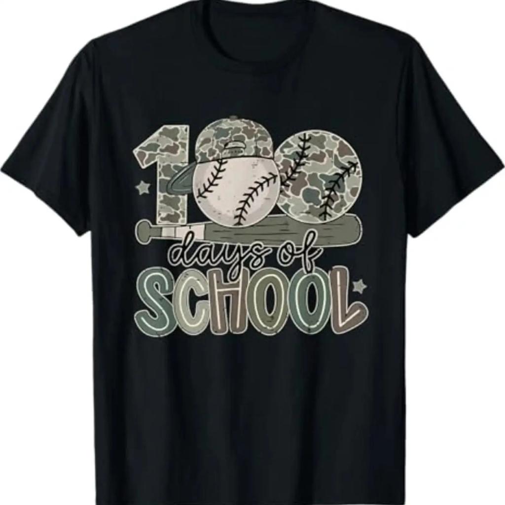 100 Days of School Baseball Camo Funny 100th Day T Shirt Casual Breathable Top For Everyday We