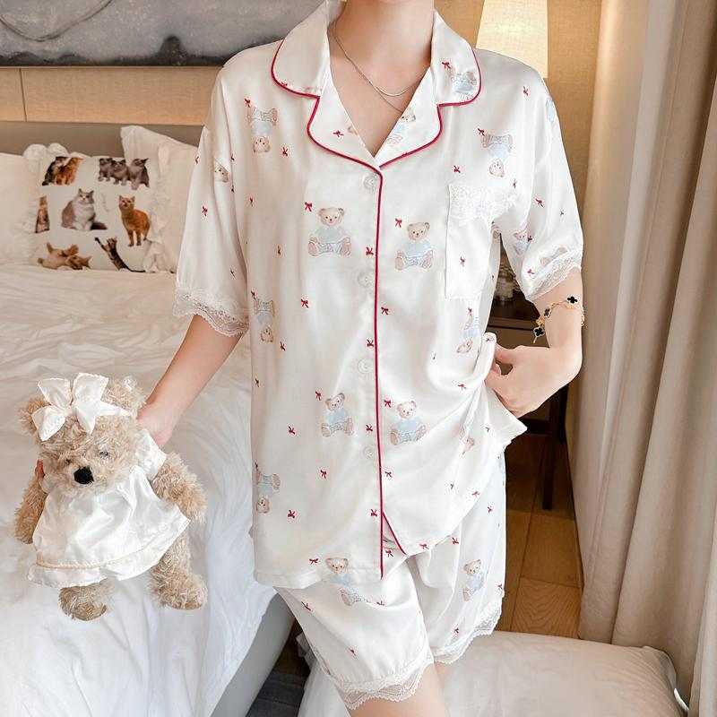 Summer Pink Women's Pajamas Set Luxury Satin Silk Pyjamas Short Sleeve Cute Cartoon Bear Print Sleepwear Casual Home Clothes Nightwear for Women