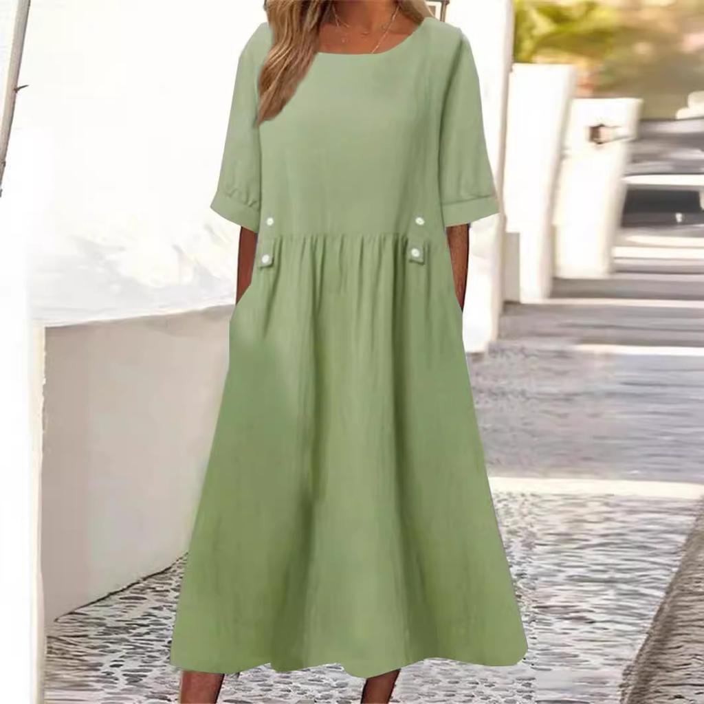 Loose Fit Dress Midi Dress with Pocket A-line Silhouette O Neckline Short Sleeves Dress