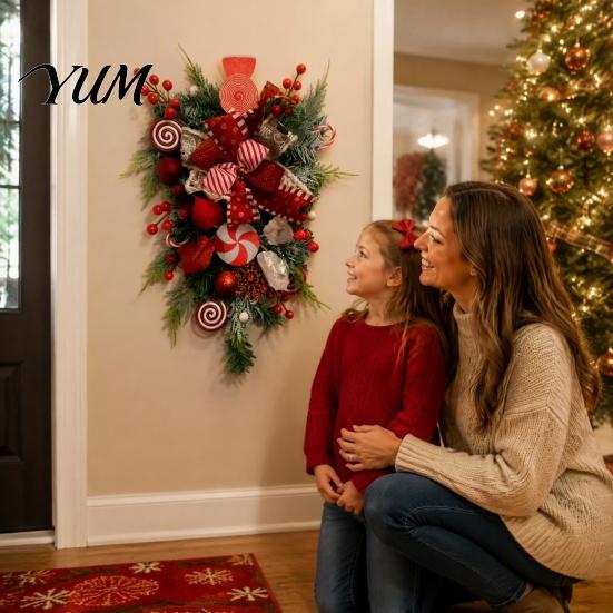 Winter Home Party Ornament Candy Cane Christmas Teardrop Swag, Red White Striped Peppermint Swag Indoor Outdoor Xmas Hanging Decor Wreath for