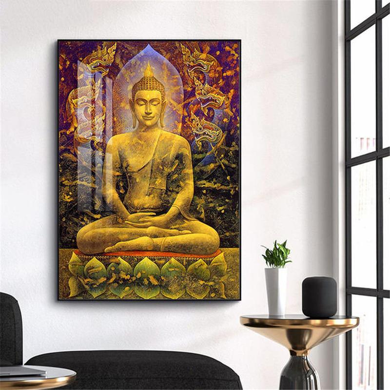 Черная статуя медитирующего Будды, настенная живопись, печать на холсте, картины на холсте, буддийские картины для украшения дома