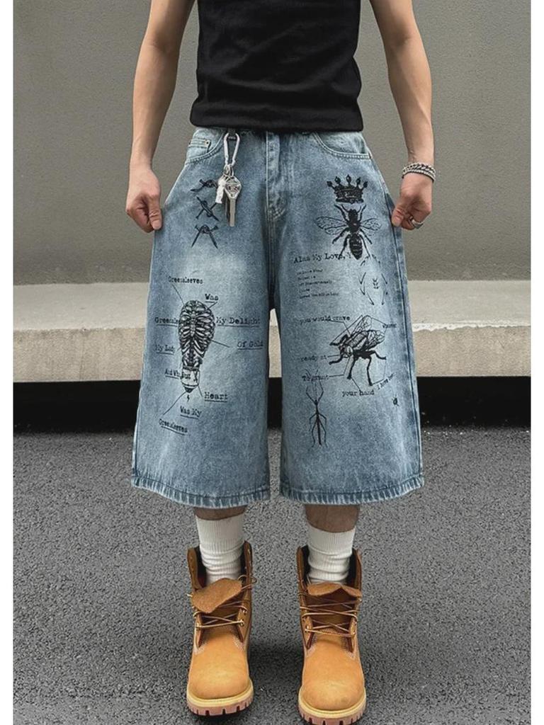 Мужские джинсовые шорты в стиле ретро с эффектом граффити — свободные, прямые, повседневного кроя на лето