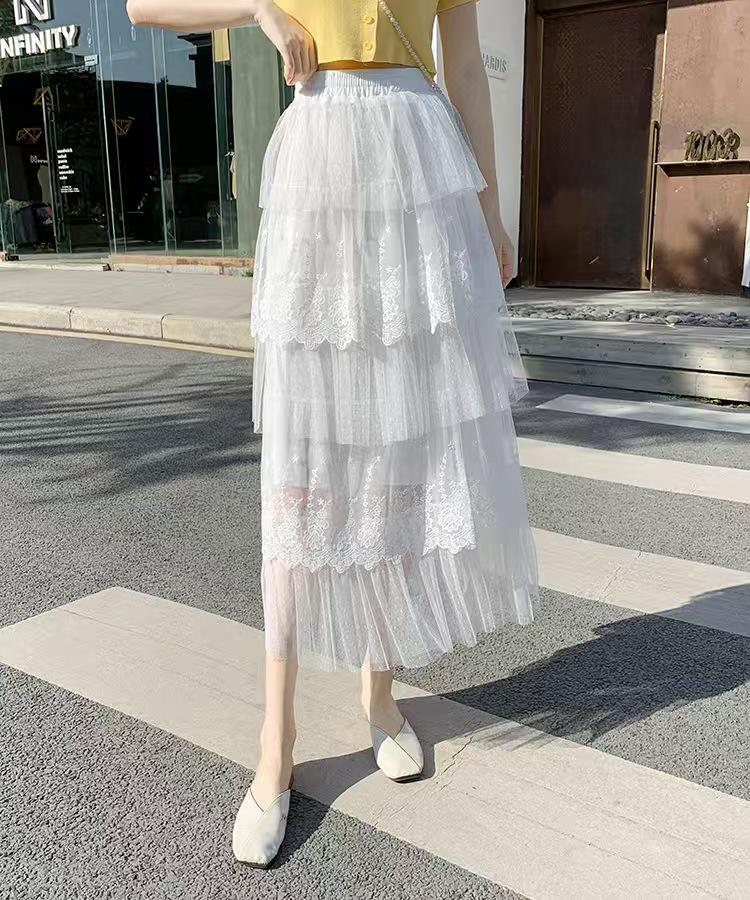 Элегантная женская многослойная сетчатая юбка А-силуэта с кружевом - Осенне-зимняя стройнящая длинная юбка