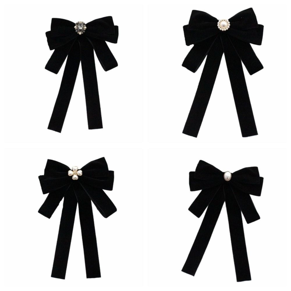 Simple Velvet Black Ribbon Pin Rhinestones Beads Black Bow Necktie Pin Pearl Funerals Memorial Pin Men