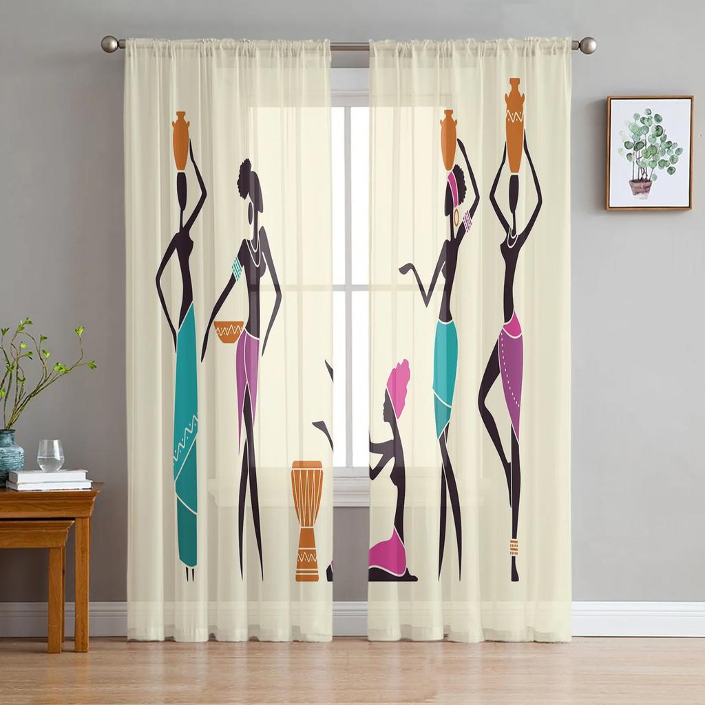 Sunset African Woman Child Tree Silhouettes Tulle Sheer Curtains for Living Room Bedroom Window Curtain Voile Organza Drapes