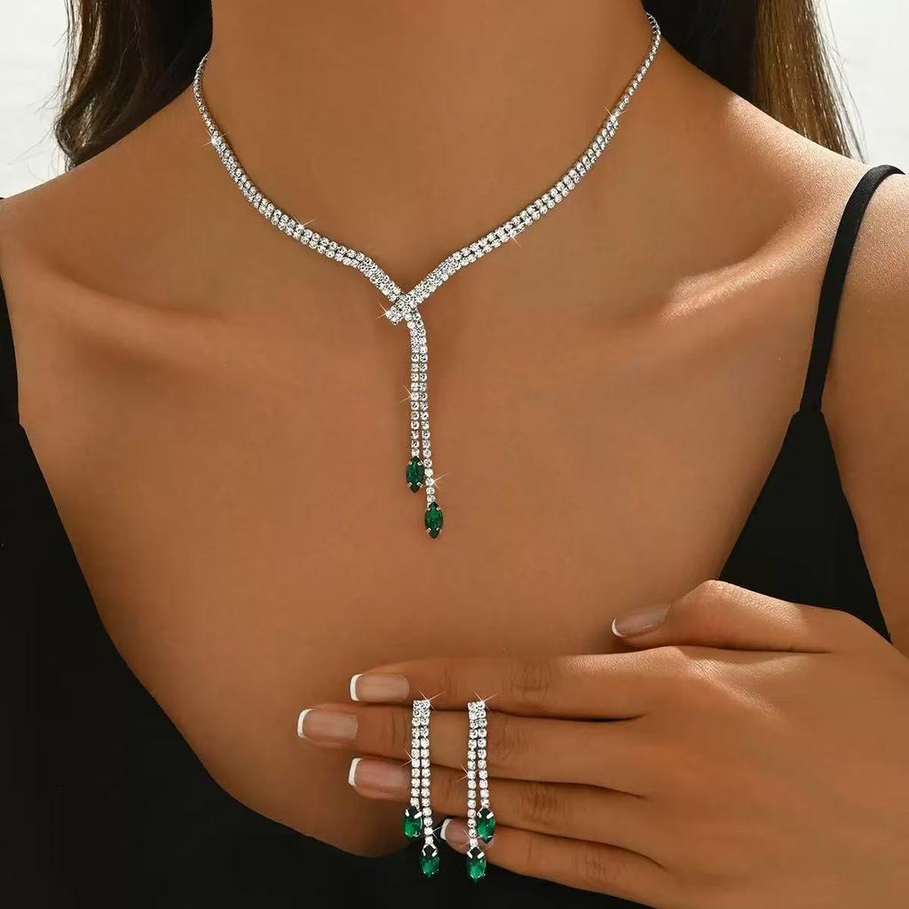 Simple Geometric Rhinestone Necklace and Earring Set for Wedding Daily Wear , Elegant Versatile Jewelry Set , Full Rhine