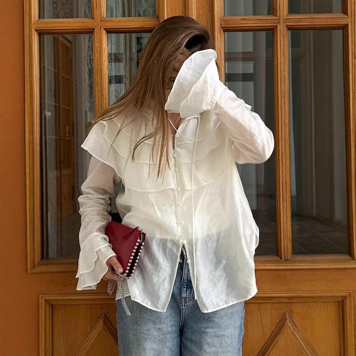 French white ruffle top women's 1116 spring loose design sense horn sleeve Tencel shirt wholesale women's clothing