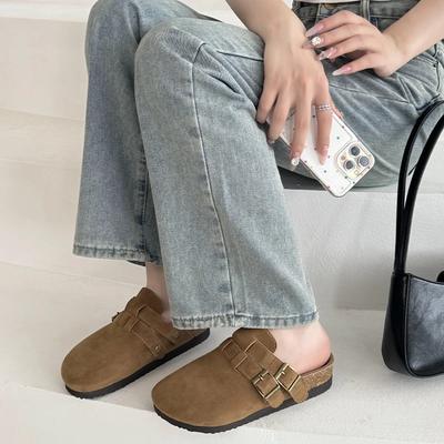 2024 Высококачественная женская обувь, модные летние новые однотонные туфли Baotou на среднем каблуке с пряжкой, большие размеры, римские женские тапочки