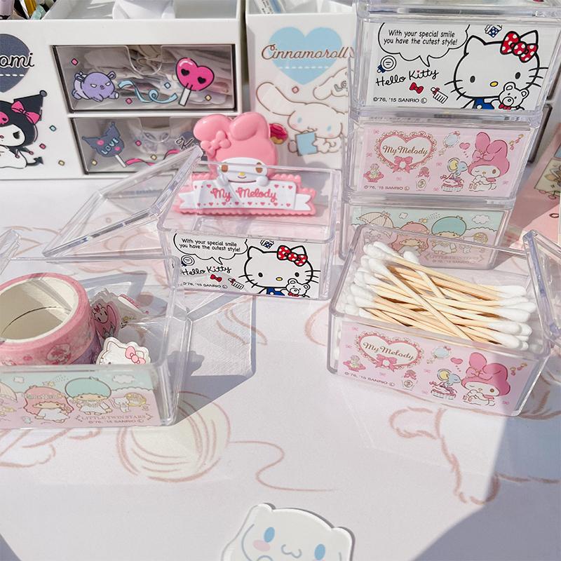Kawaii Sanrio Hello Kitty Cinnamoroll Cotton Swab Jewelry Storage Box Melody Kuromi Cute Cosmetics Sundries Press Organizer Boxs