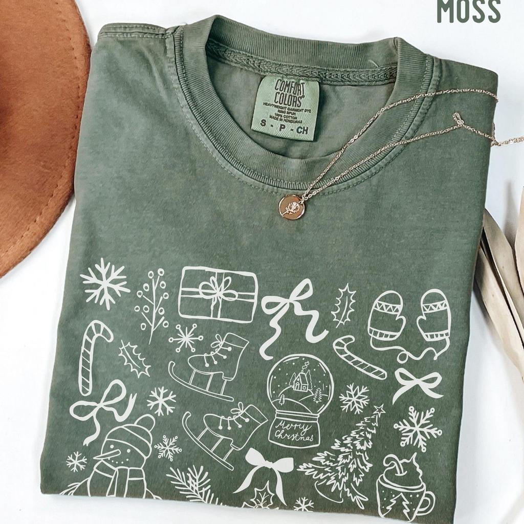 Comfort Colors Christmas Shirt and kids tshirt: Coquette Holiday Doodles Tee