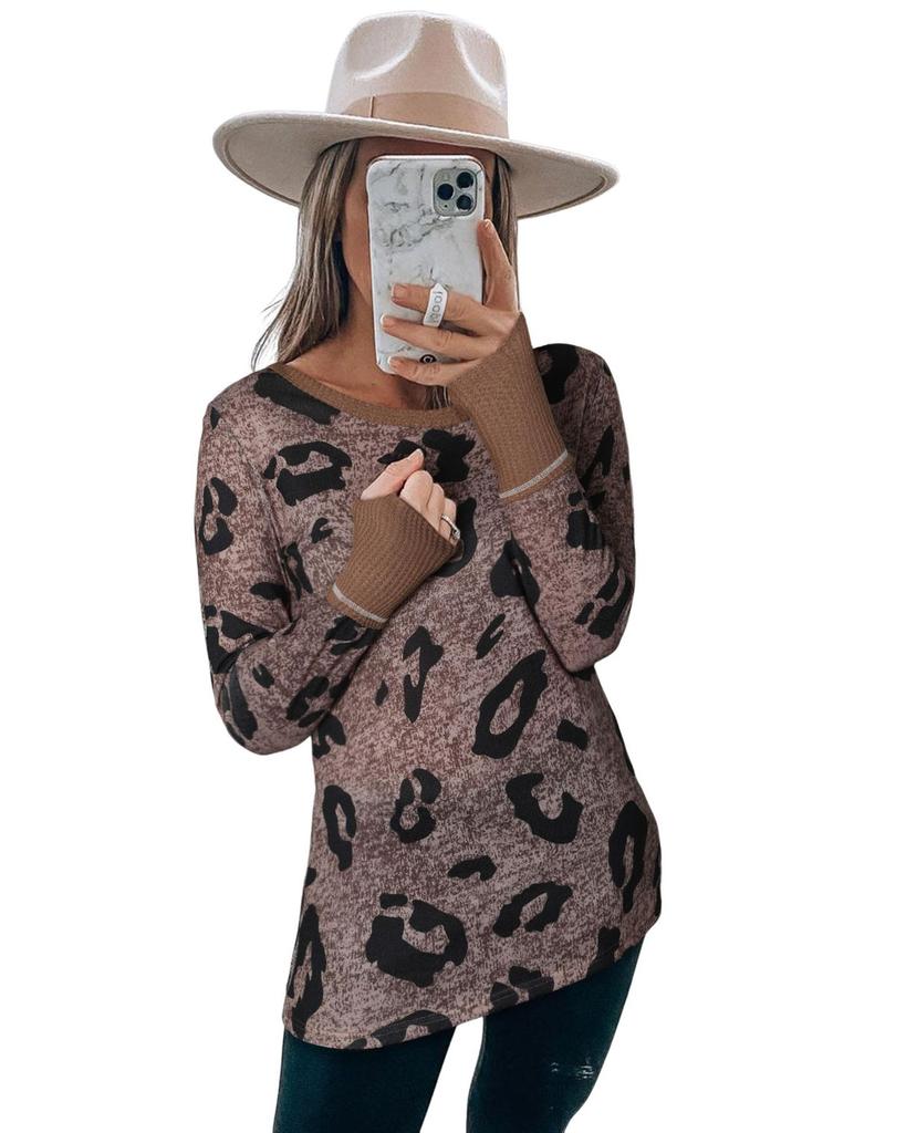 Azura Exchange Коричневый топ с леопардовым принтом и длинными рукавами и вырезом для большого пальца