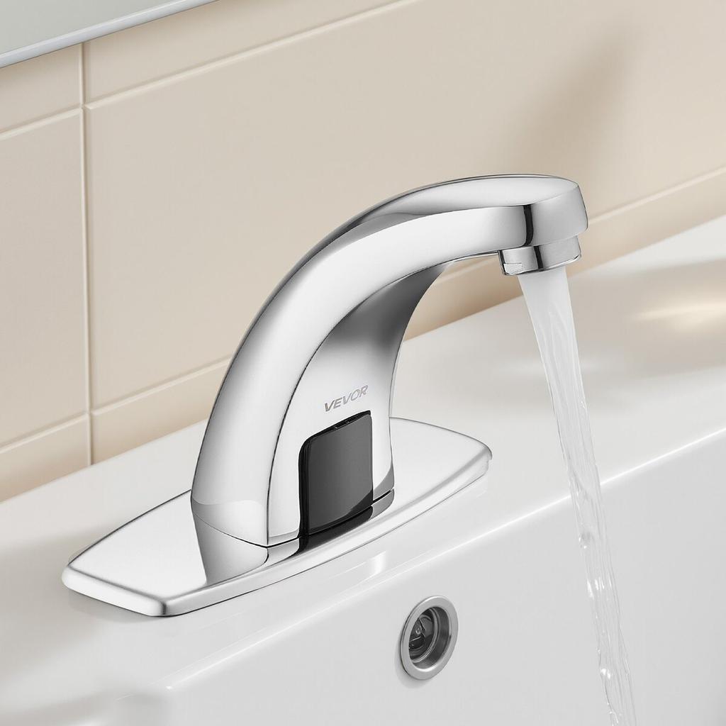 Touchless Bathroom Sink Faucet, Automatic Motion Sensor Restroom Toilet Faucet Cold Water with Hole Cover Plate, Battery Operated for 9.5 mm Pipe