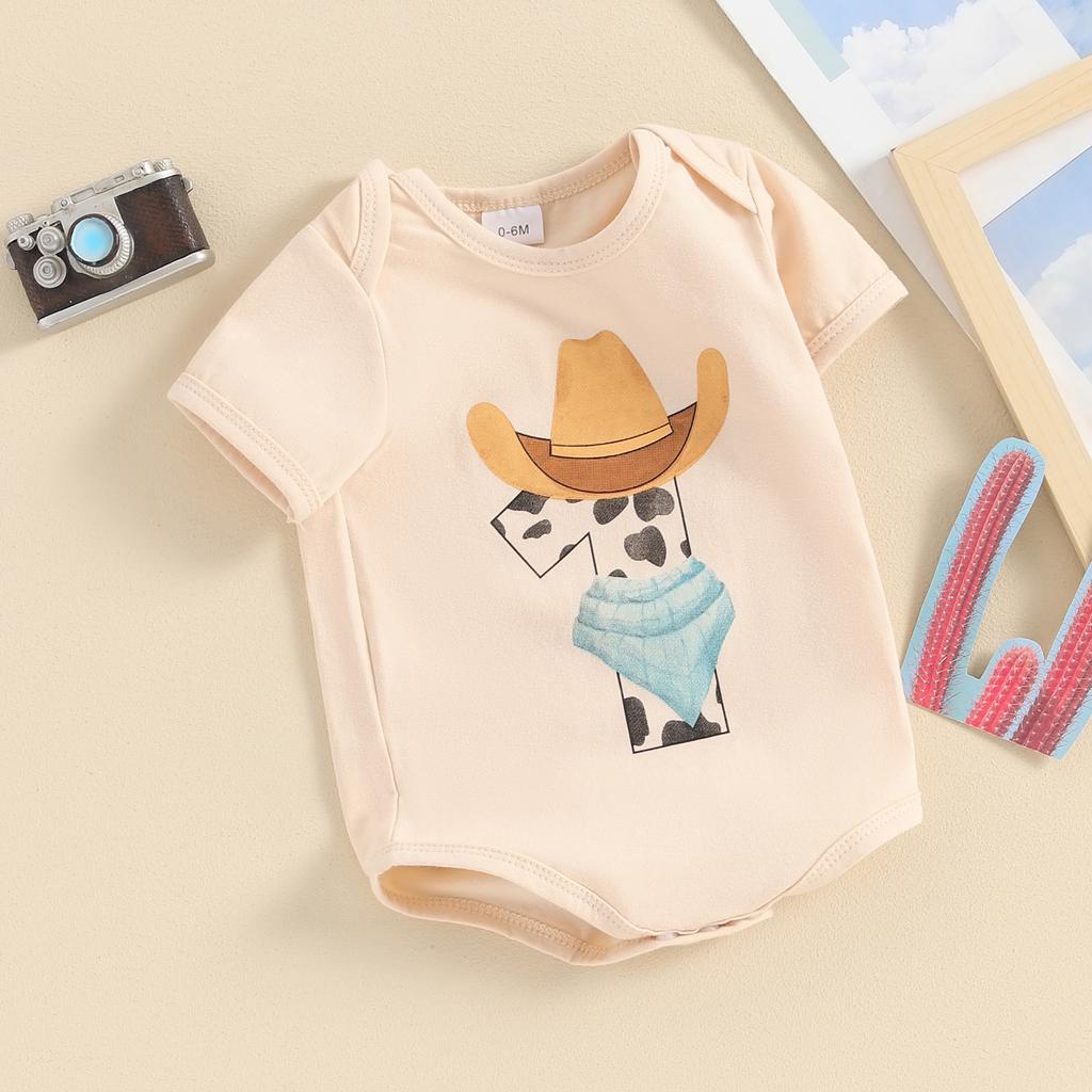 Western Baby Romper Casual Short Sleeve Round Neck Hat Print Bodysuit Newborn Playsuit