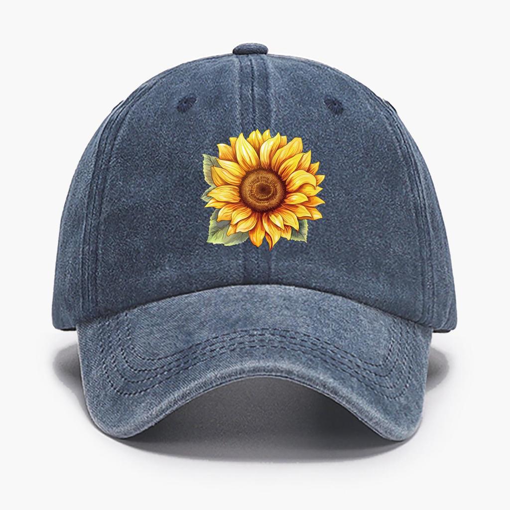 Sunflower Print Cotton Baseball Cap, Floral Pattern Distressed Sport Hat With Adjustable Closure, Sun Protection Peaked Cap