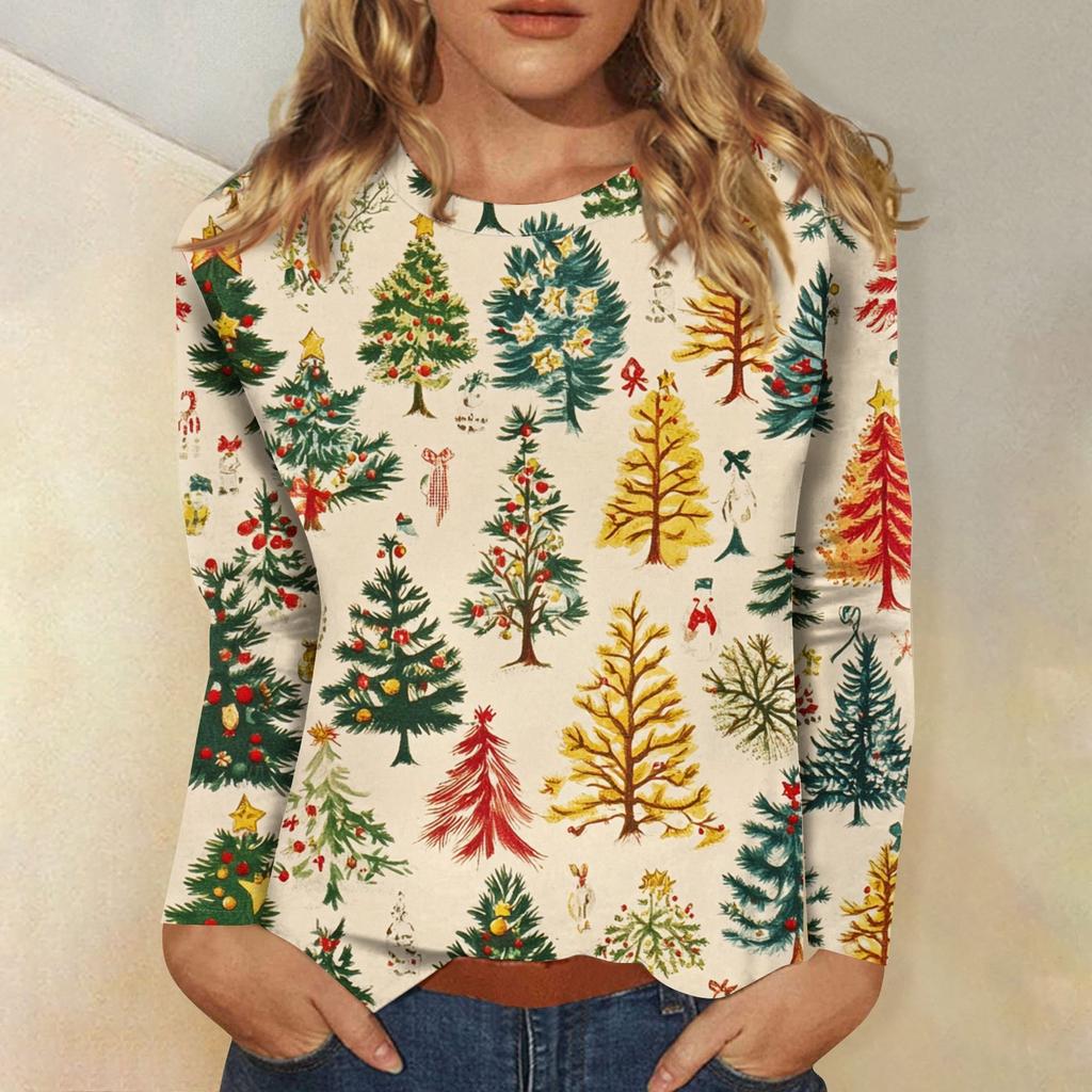 Long Sleeve Shirts For Women Cute Print Graphic Tees Blouses Casual Plus Size Basic Tops Pullover Christmas