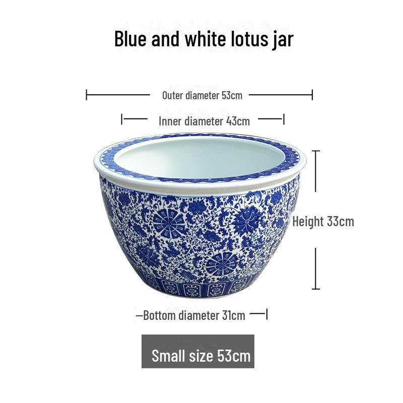 Blue & White Ceramic Large Outdoor Vase for Lotus, Aquatic Plants, or Fish