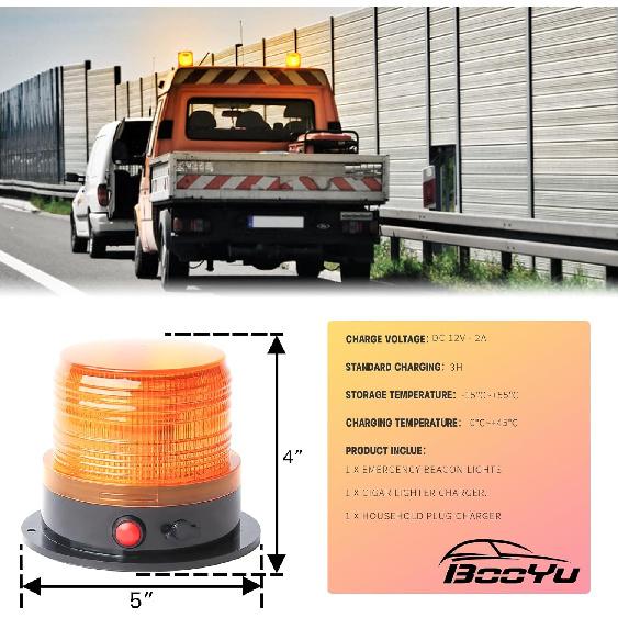 BooYu 2-Pcs Battery Operated Amber Warning Beacon Light W/Magnetic Base, Portable Rechargeable Mini Roadside Roof Top Plow LED Strobe Emergency Flash