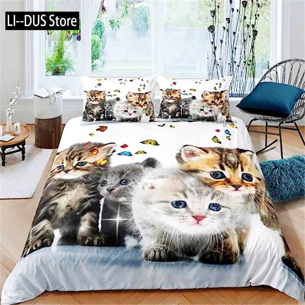 Пододеяльник с кошкой Постельное белье с домашним животным Кошка Милый котенок Наволочка для одеяла Для детей Мальчиков Девочек Подростков 3D Тема Животных Покрывало Подарки Любителю кошек