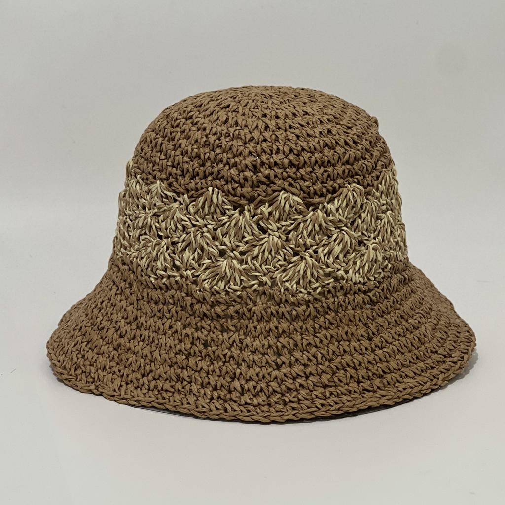 Summer handmade crochet hollow straw bucket hat female breathable splicing contrasting straw hat Internet celebrity ins pot hat couple