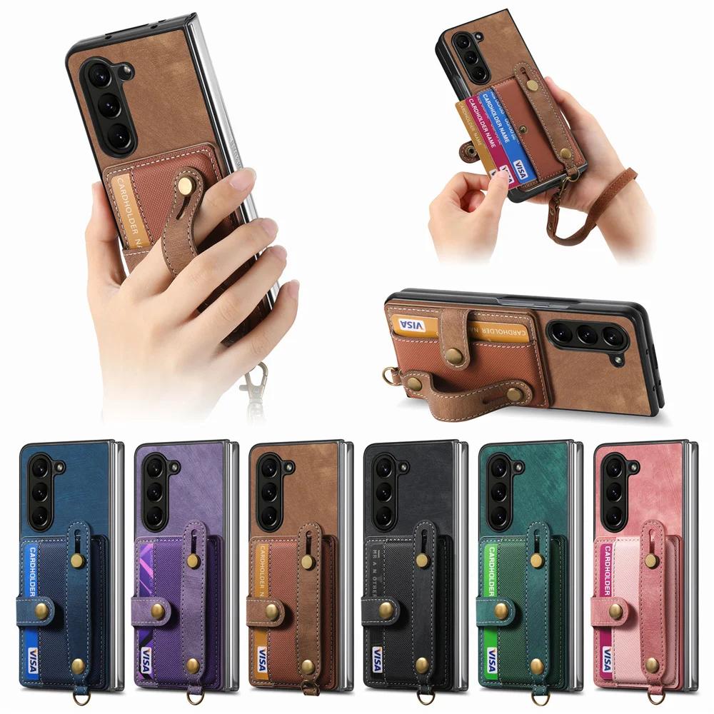 Чехол-кошелек с ремешком на запястье для Samsung Z Fold 6 5 4 S24 Ultra S23 FE S22 Plus A16 A15 A25 A35 A55, держатель для карт, противоударный защитный чехол из искусственной кожи