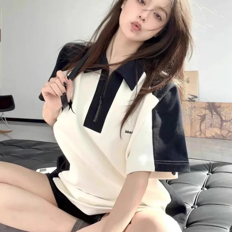 VAYLA Корейская футболка на молнии Y2k Винтажная Повседневная K-pop Мода Летняя Гранж Оверсайз Белые Футболки Свободный Топ с Коротким Рукавом