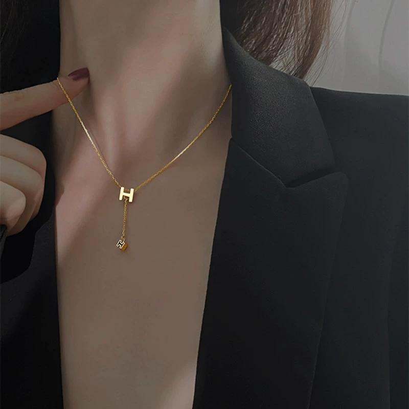 FY-0190 925 Sterling Silver H Letter Tassel Necklace for Women Versatile Trendy Niche Design Collarbone Chain